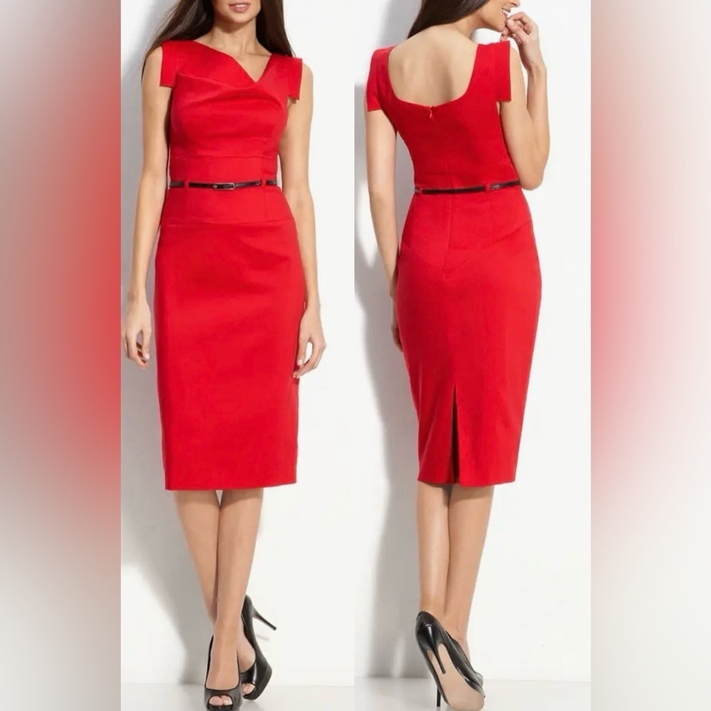 NWOT Black Halo Belted Classic Jackie O Tailored Midi Red Dress size 0